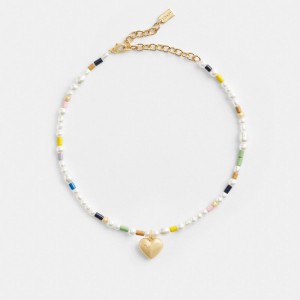 Collar Coach Signature Heart Beaded Pearl Choker Mujer Doradas | CL_CH68761