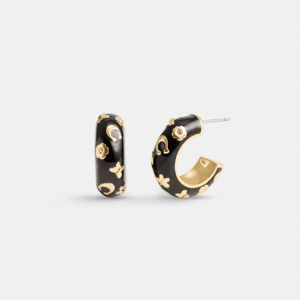 Aretes Coach Enamel Signature Floral Huggie Mujer Doradas Negras | CL_CH57427