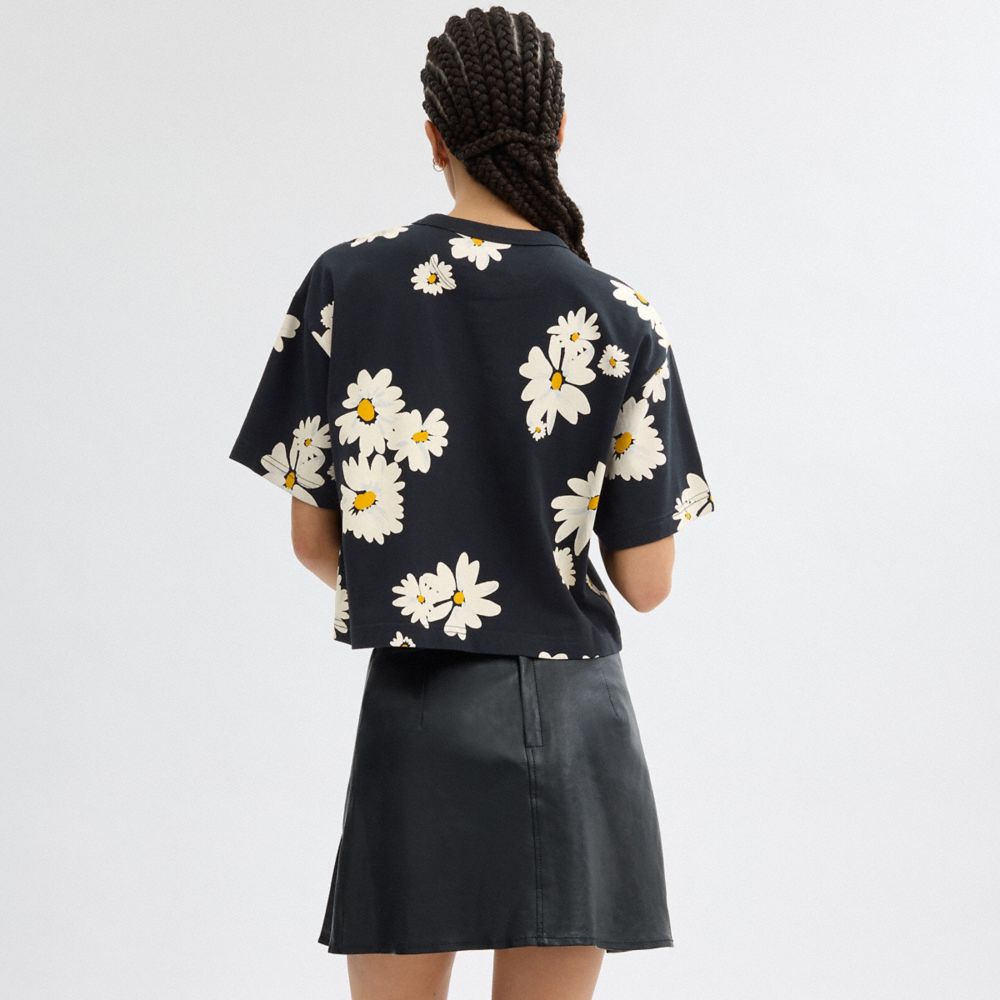 Camiseta Coach Floral Cropped Signature Script In Organic Cotton Mujer Negras | CL_CH87684