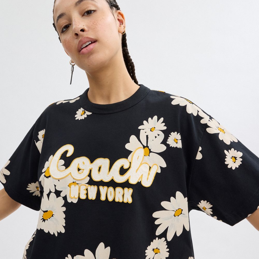 Camiseta Coach Floral Cropped Signature Script In Organic Cotton Mujer Negras | CL_CH87684