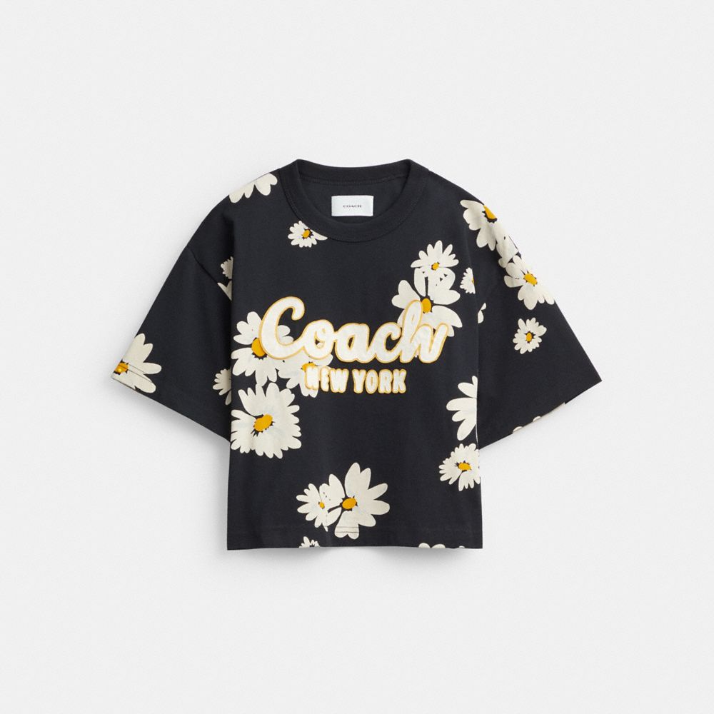 Camiseta Coach Floral Cropped Signature Script In Organic Cotton Mujer Negras | CL_CH87684