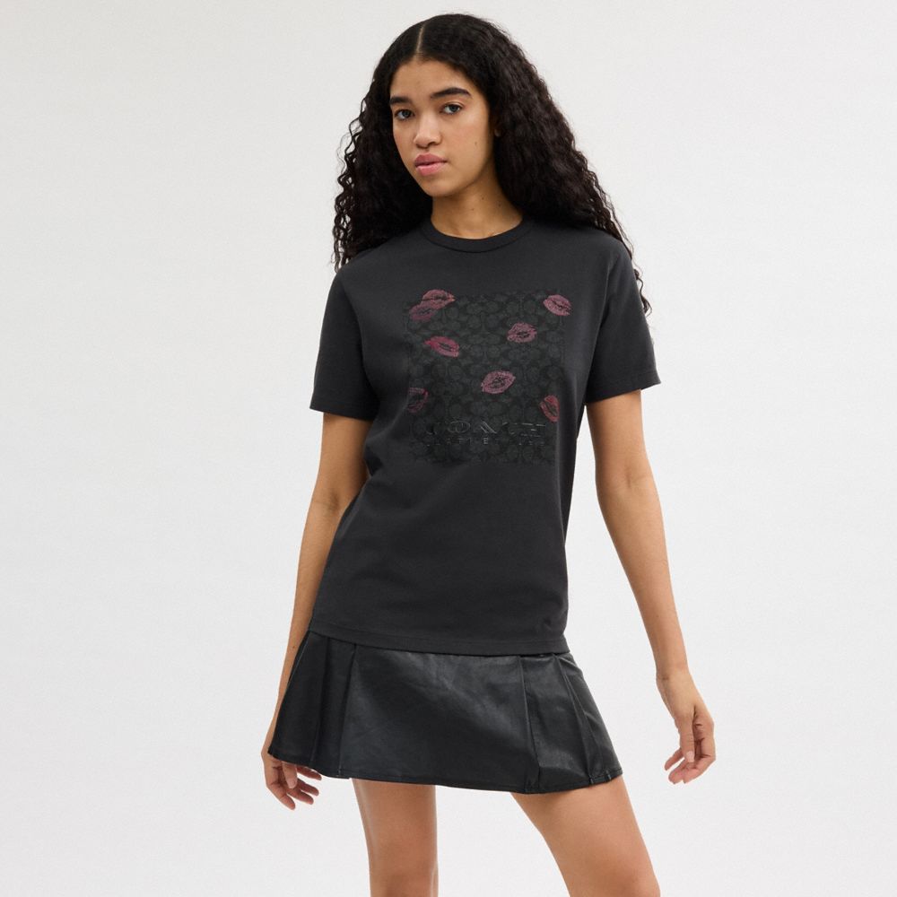 Camiseta Coach Signature Square Kiss Print In Organic Cotton Mujer Negras | CL_CH44886