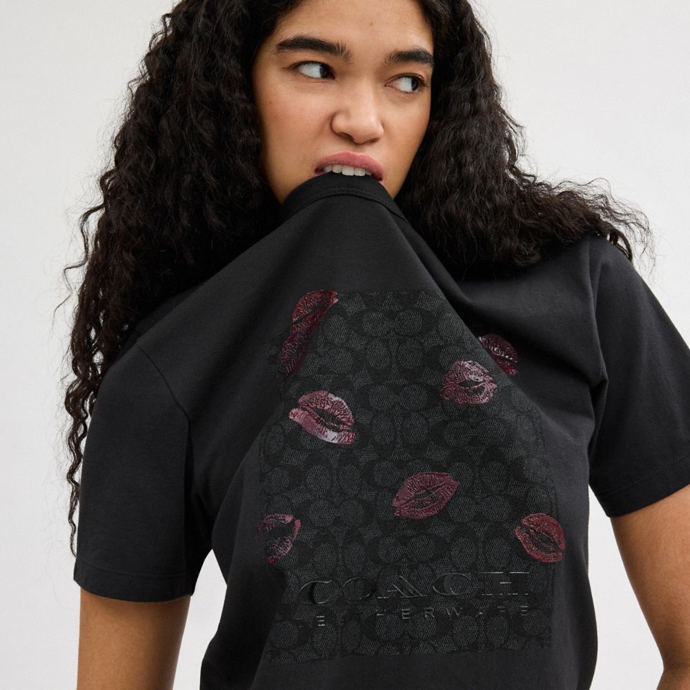 Camiseta Coach Signature Square Kiss Print In Organic Cotton Mujer Negras | CL_CH44886