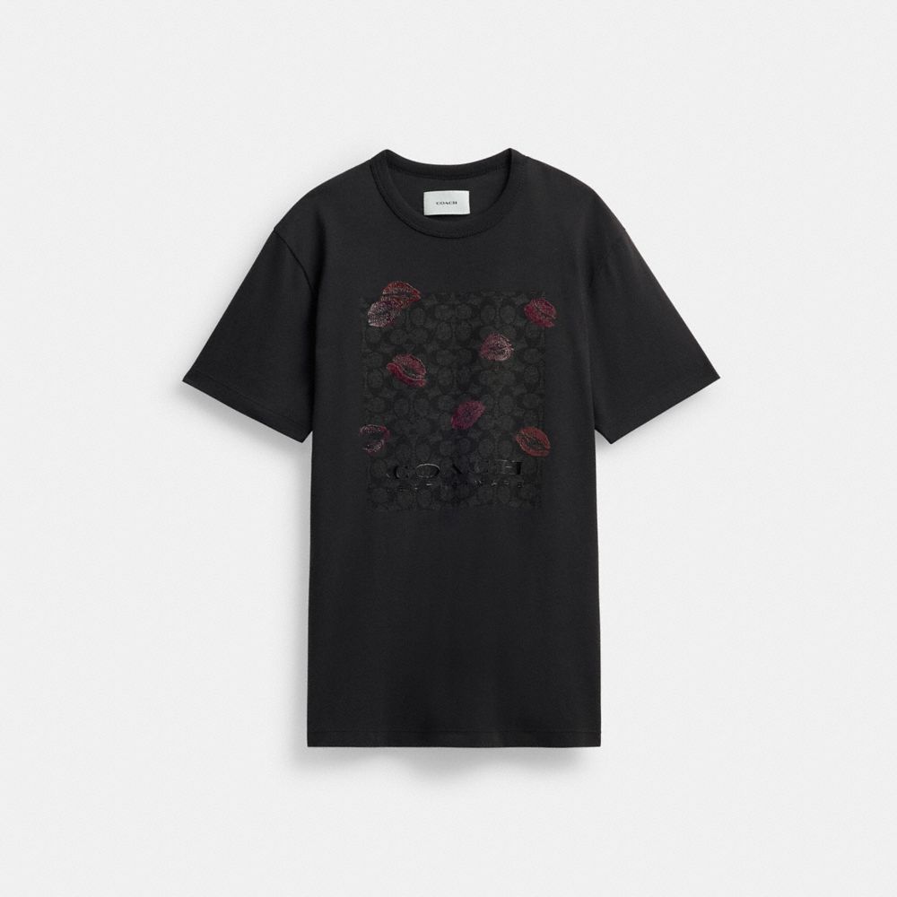 Camiseta Coach Signature Square Kiss Print In Organic Cotton Mujer Negras | CL_CH44886