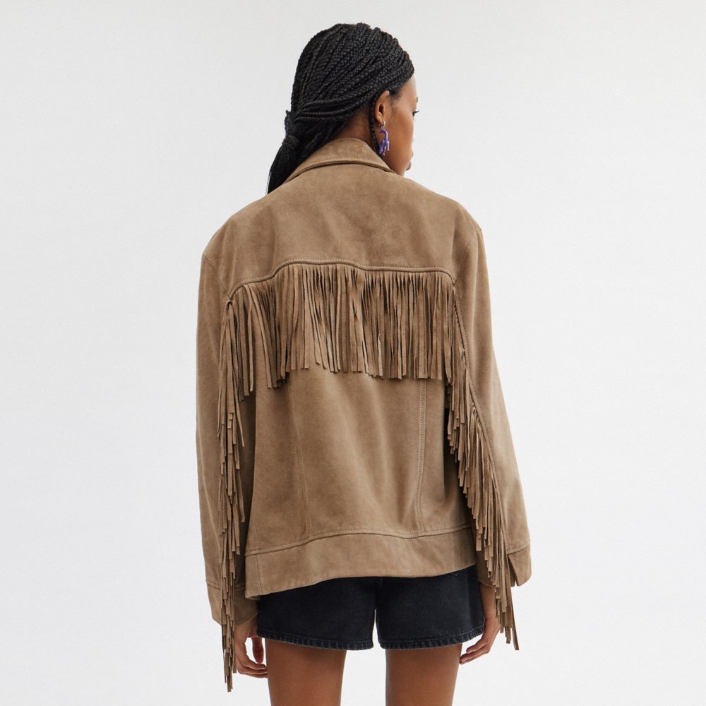 Chaquetas Coach Suede Fringe Mujer Beige Oscuro | CL_CH16966