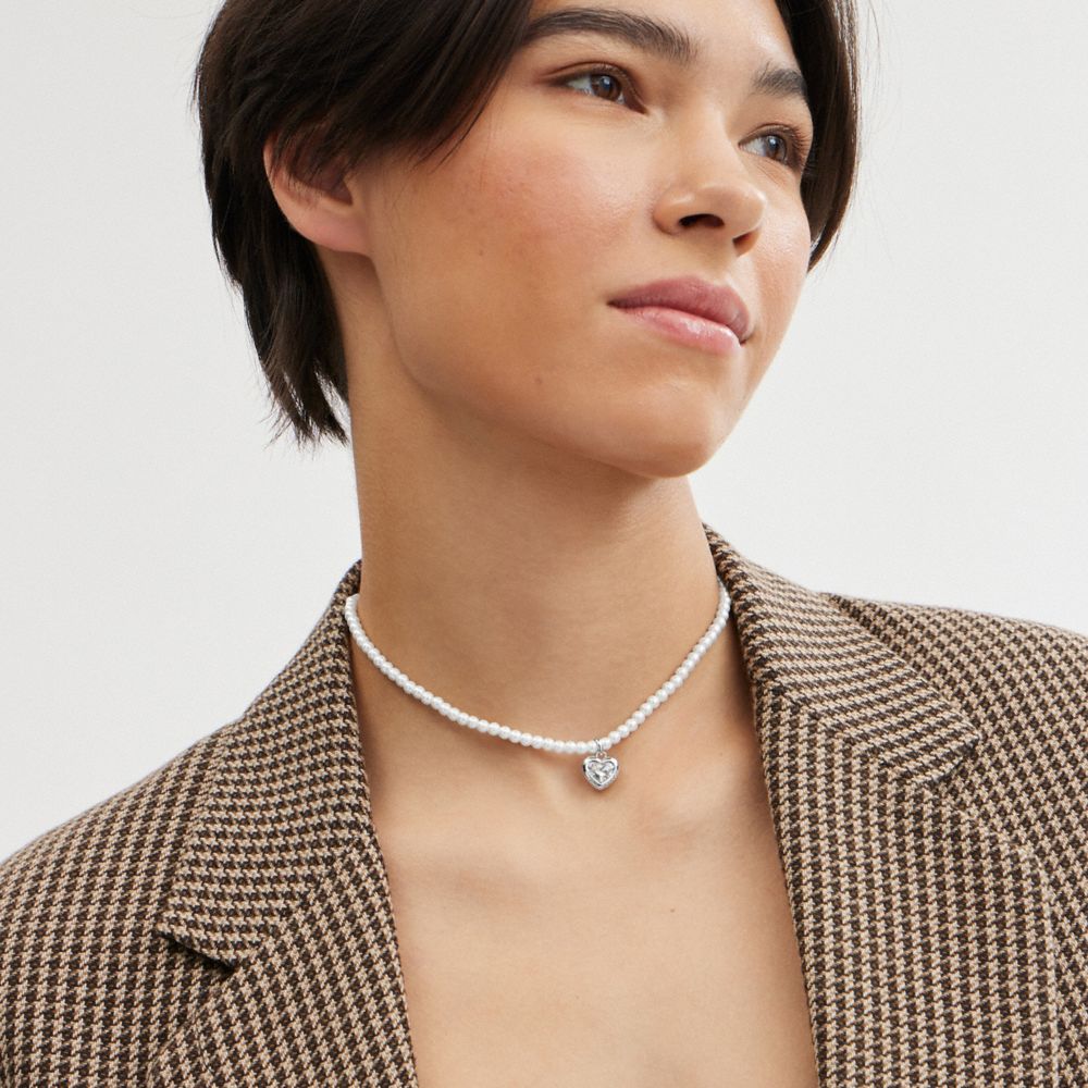 Collar Coach Heart Pearl Choker & Clear Mujer Plateadas | CL_CH24390