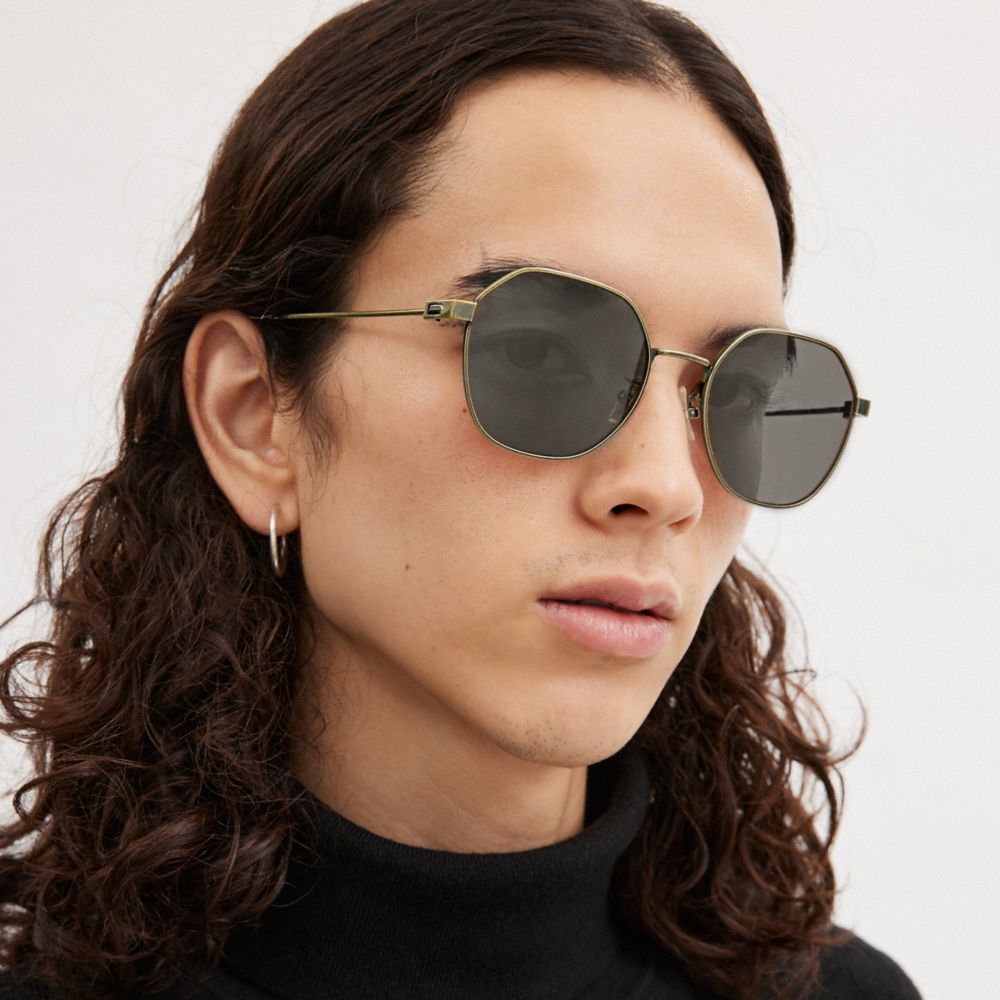 Lentes de Sol Coach Hinged Geometric Round Hombre Doradas Negras | CL_CH75547