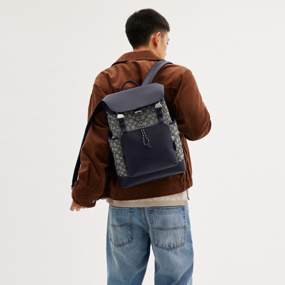 Mochilas Coach League Flap In Signature Jacquard Hombre Azul Marino | CL_CH45862